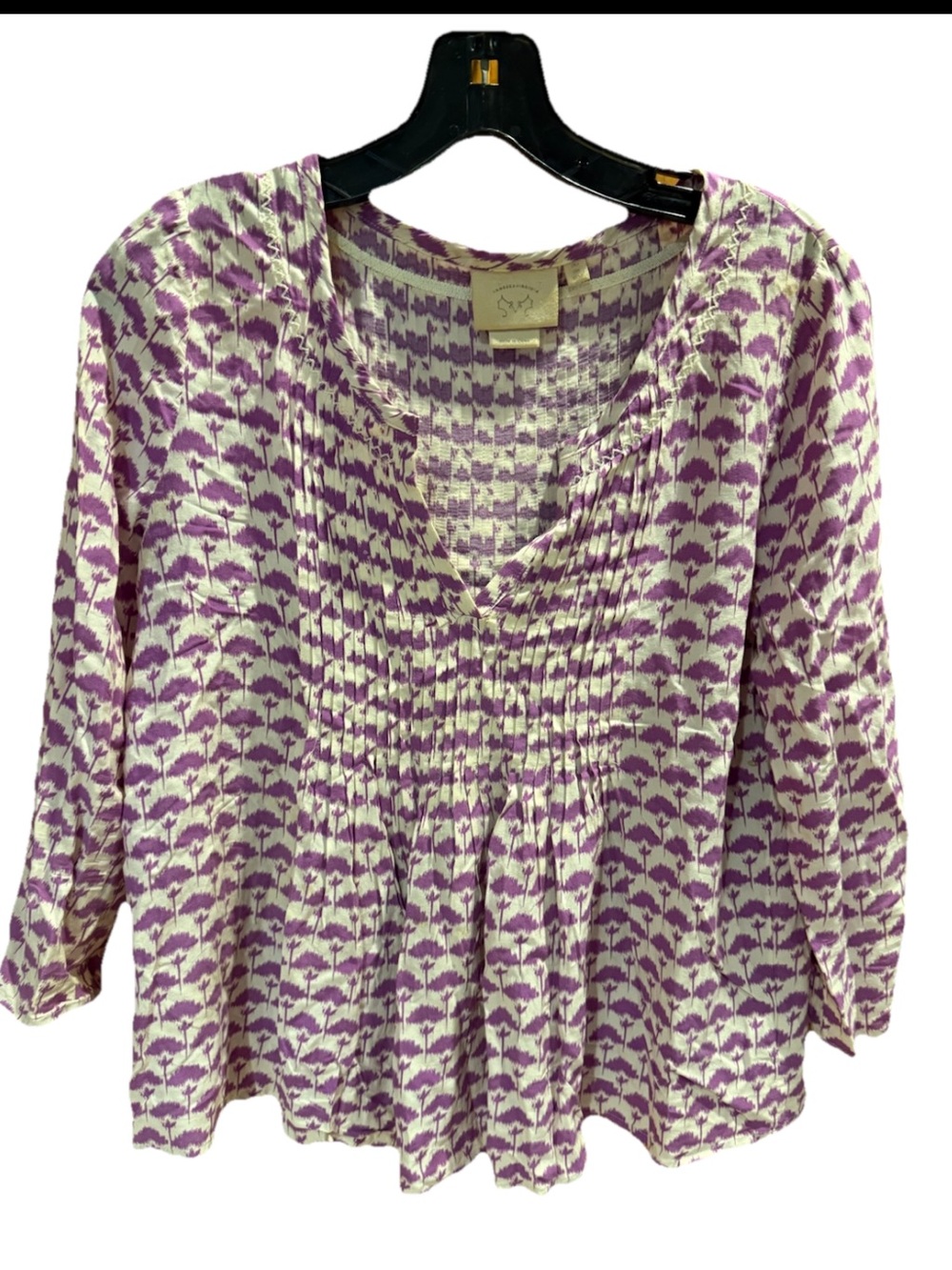 Vanessa Virginia Top Pleated Henley Purple & Cream Print Rayon Size 0